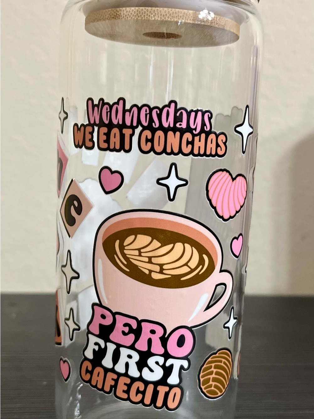 Pero First Cafecito Glass Tumbler - Pink & Brown Design
